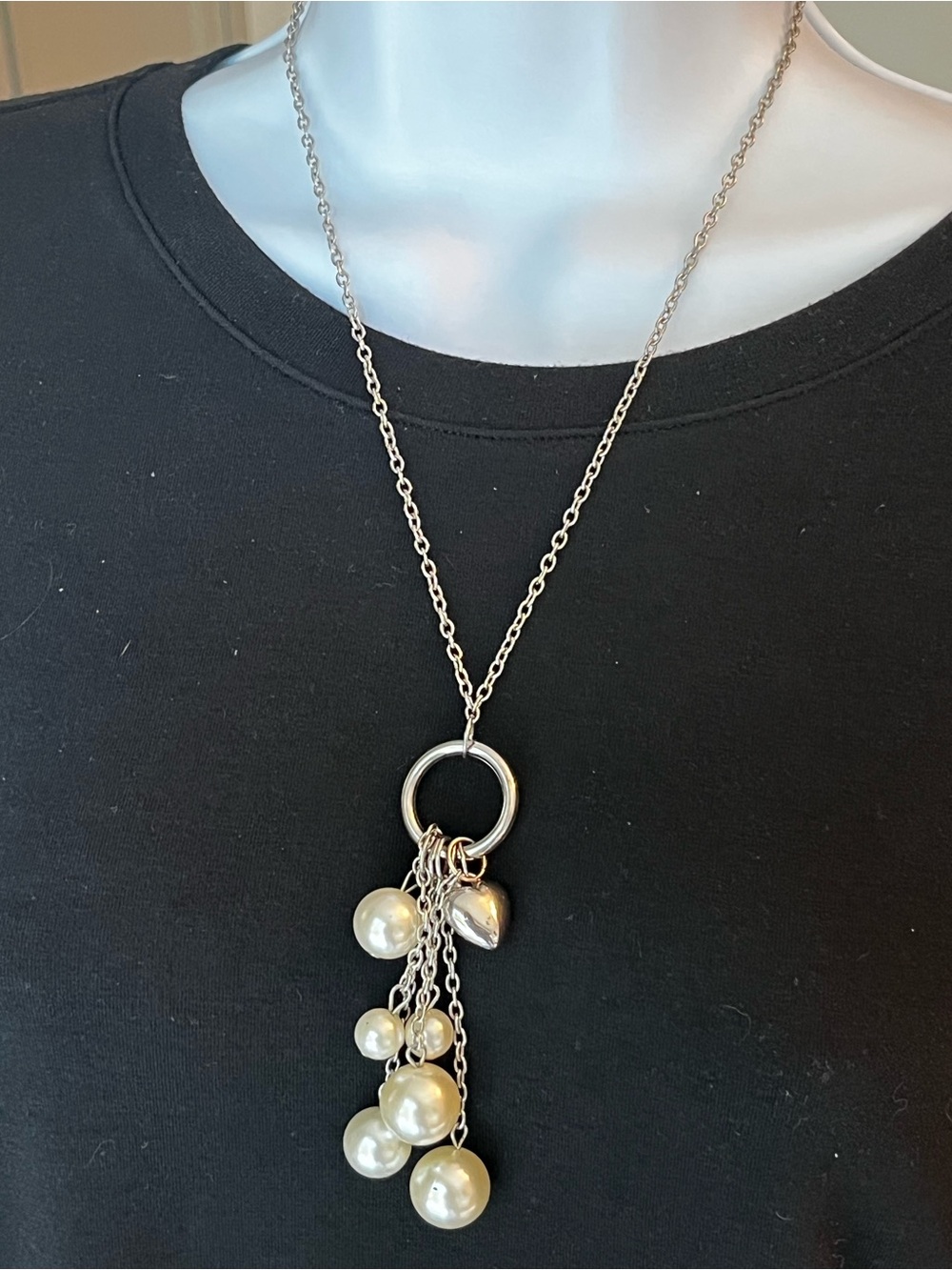 Heart Charm Silver Pearl Cluster Pendant Necklace - Women Jewelry